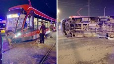 Tramvay qırmızıdan keçən sərnişin avtobusunu aşırtdı: 10 nəfər xəsarət alıb - VİDEO